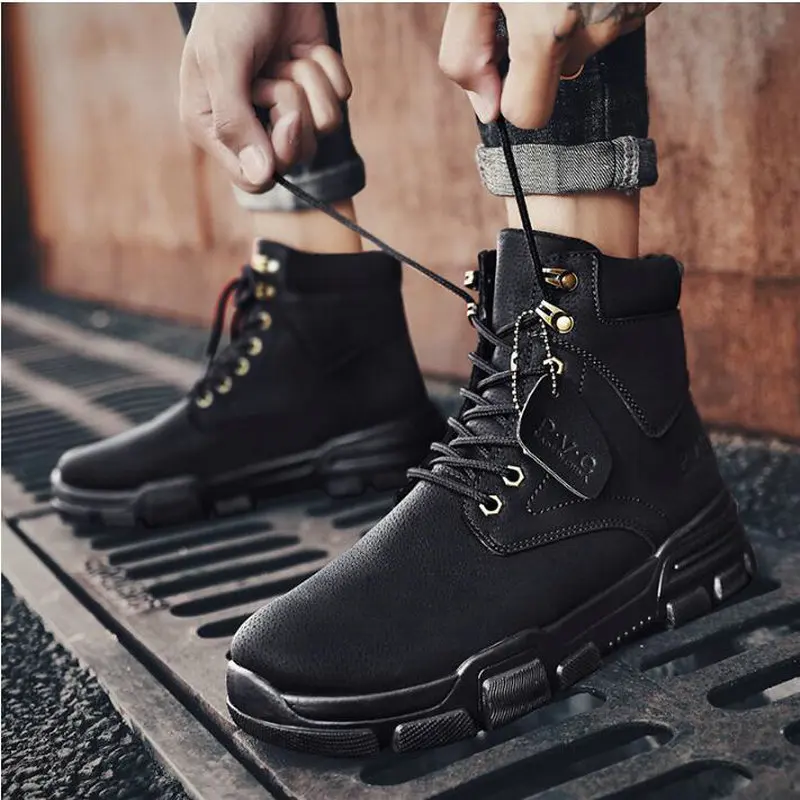 

Men Leather Lace-up Men High top Black Shoes High Quality Men Vintage British Military Boots work outdoors shoes A54-52