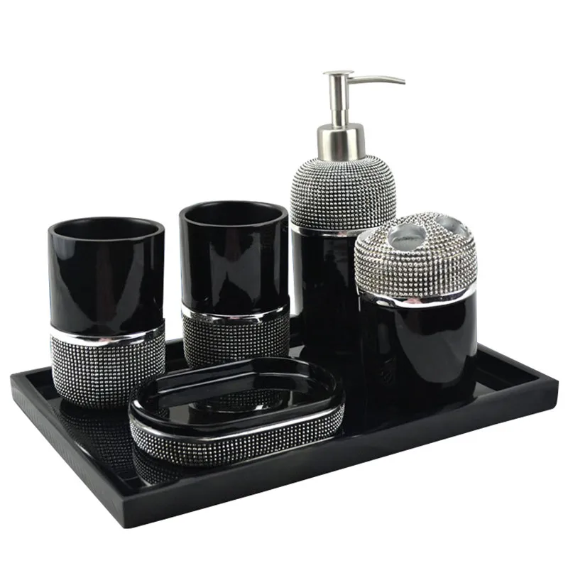 

Bathroom Accessories Set Soap Dispenser/Dish Toothbrush Holder Gargle Cup Wedding Gifts Luxury Black Carved Resin 5/6 Pieces