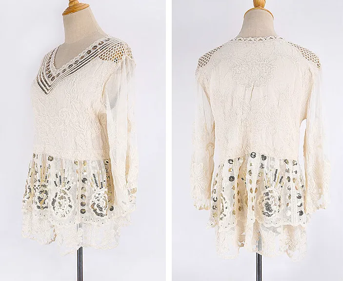 Кружевная блуза с вышивкой TEELYNN блестками цветочным рисунком женская пляжная