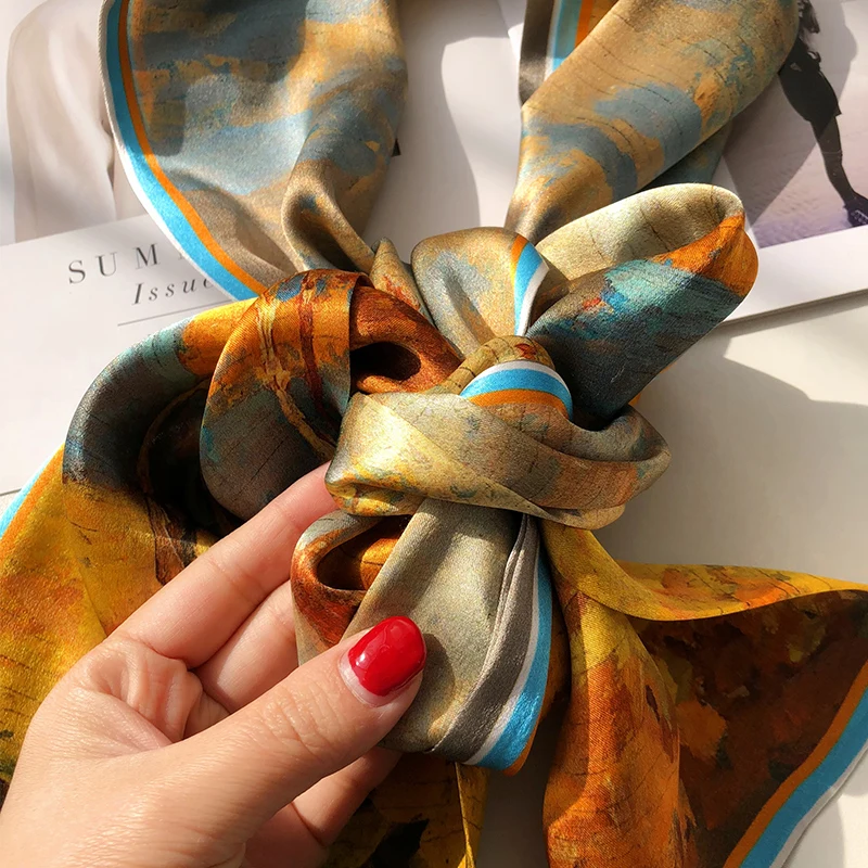 

Women's 100% Silk Long Scarf Double Layer Vintage Print Neckerchief Headband Waistband Bag Accessories Shiny Silky 150*15CM