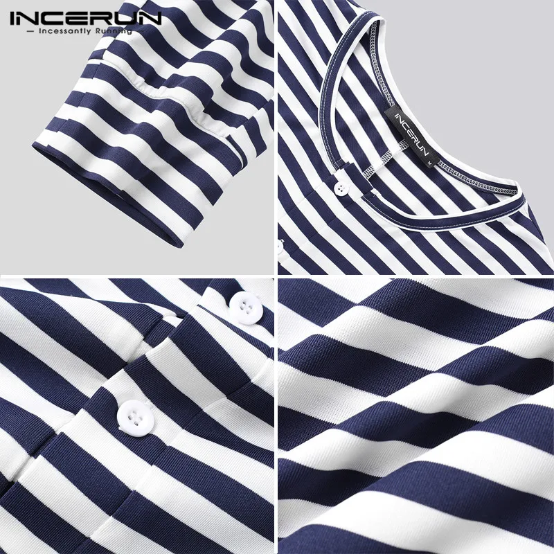 

INCERUN Men Pajamas Jumpsuit Striped Long Sleeve Cozy O Neck Nightwear Rompers Homewear Sexy Skinny Leisure Mens Sleepwear S-5XL