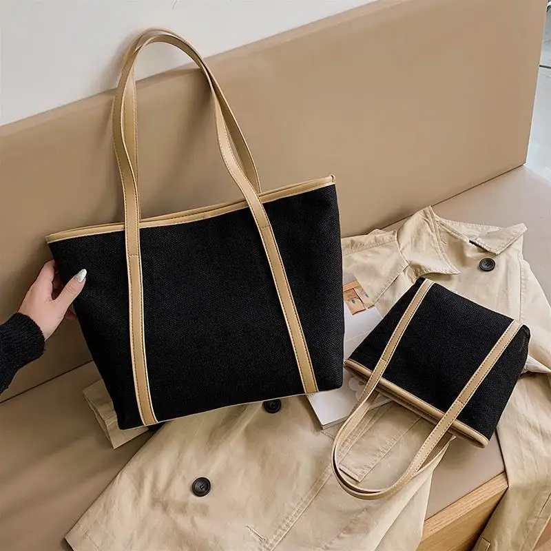 

Women's Shoulder Bag Large Capacity Contrast Color Casual Canvas Tote Handbags Wholesale Fashion Female Simple Shopping Bags