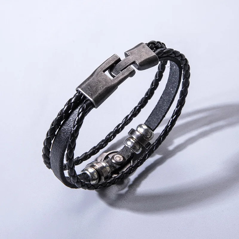 Винтажный многослойный Плетеный Кожаный браслет панк античное серебряное