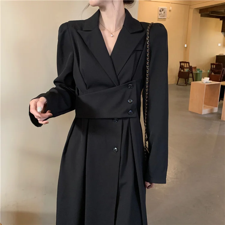 

Осеннее платье большого размера, Осеннее новое французское платье для полных мм, элегантное черное платье-юбка с длинным рукавом и завышенн...