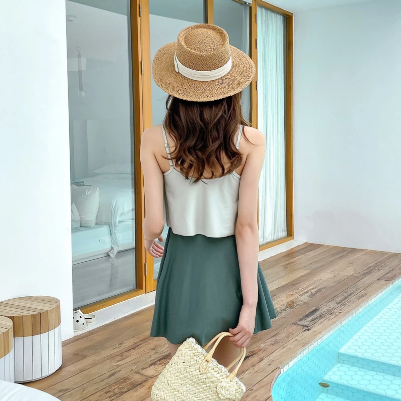 Women's Push Up One Piece Swimwear Padded Swimsuit Swimdress Green Patchwork Girls Flounce Skirt Bathing Suit Summer 2022 Female