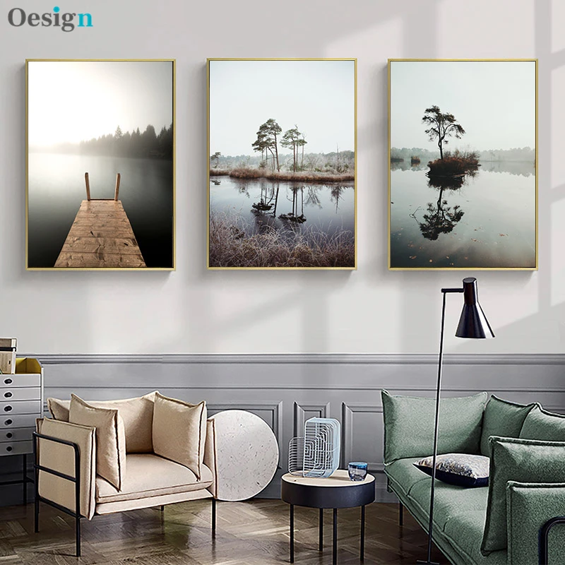 

Autumn Sunrise Nature Landscape Poster Nordic Style Lake Bridge Print Wall Art Picture Canvas Painting Scandinavian Home Decor