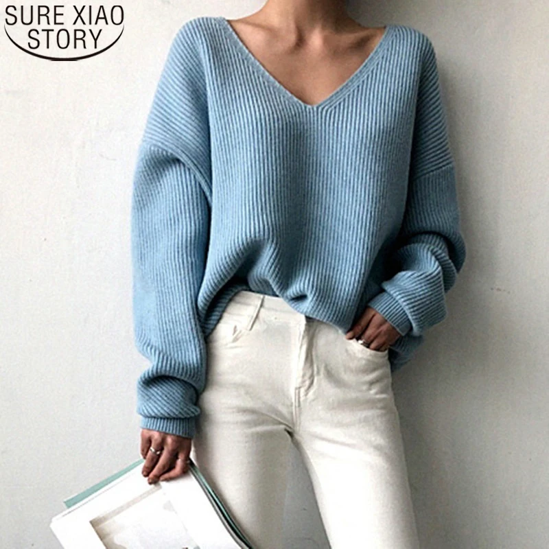 

Women Sweaters Fashion V-Neck Tops Casual Loose Pullover Autumn Winter Clothes New Fashion Korean Knit Solid Pull Femme7290