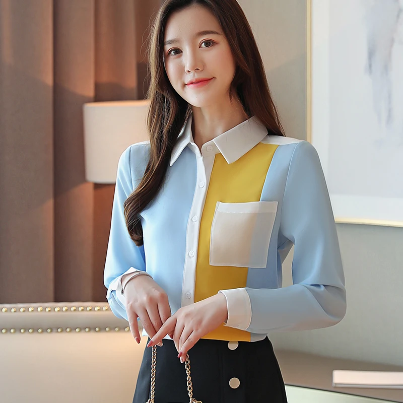 

Chiffon Women's Blouse Loose Polo Girl's Shirt Spring Autumn Clothing Long Sleeve Top Casual Splicing Lady Blusas Houthion