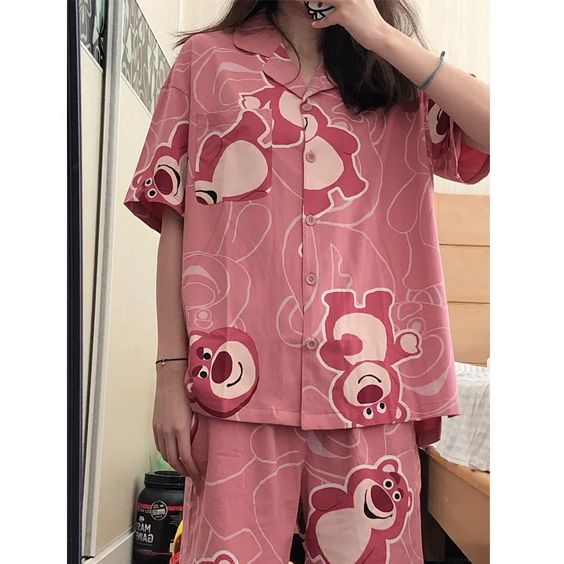

Women Summer Pajamas Suits Pink Cute Home Comfortable Lovely Girls Sleepwear Set Bear Ins Outdoor Two Pieces High-quality Kawaii