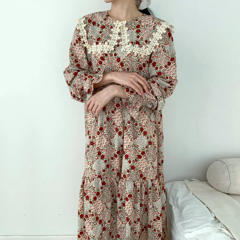 

Mozision Floral Print Pleated Dress For Women Peter Pan Collar Flare Sleeve Dresses Ladies Casual Loose Lace Vestidos Lady