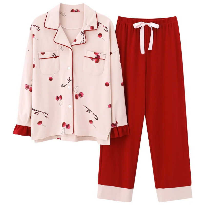 

Ladies Long-Sleeved Cardigan 100% Cotton Pajamas Spring Autumn Sweet Girl Cartoon Pyjamas Warm For Sleeping Nightwear