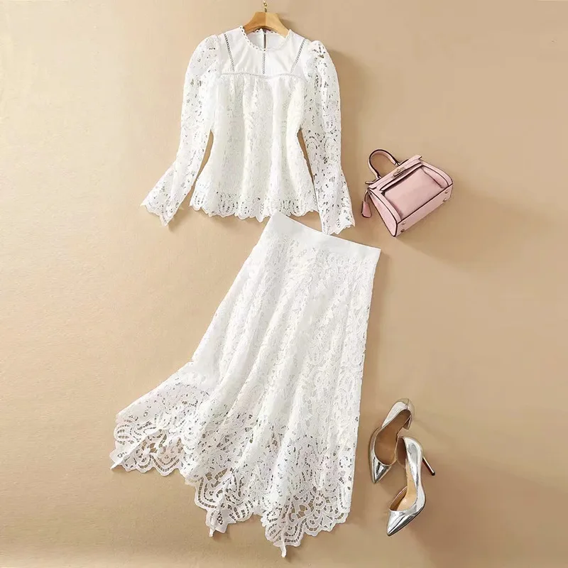 

Water Soluble Flower White Two-Piece Women's Clothing 2021 Spring/Summer New round Neck Hollow Top Irregular Temperament Skirt