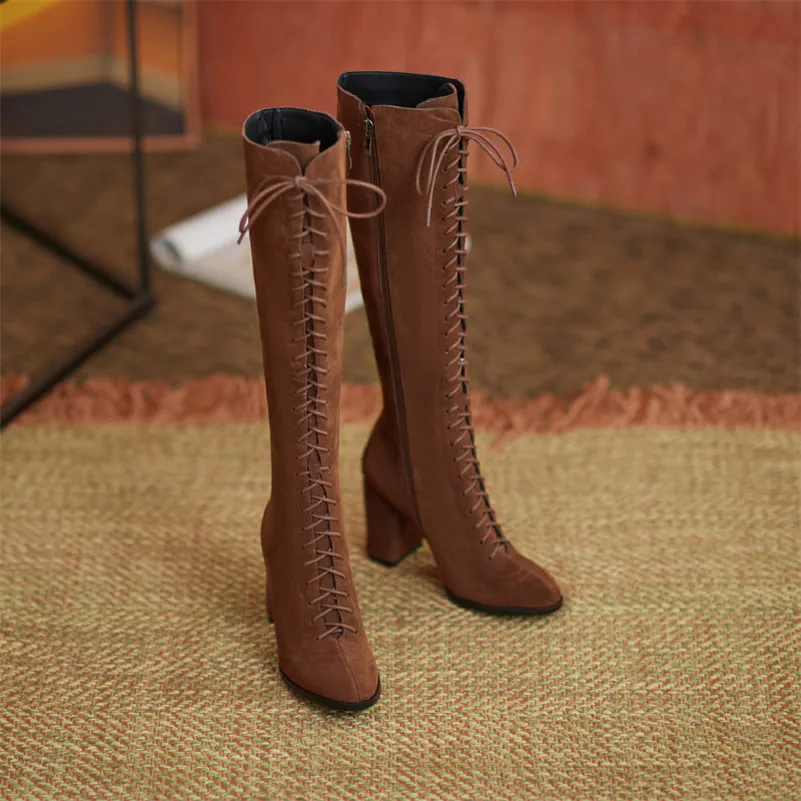 

Meotina High Heel Woman Boots Genuine Leather Knee High Boots Zipper Block Heel Shoes Lace UP Female Long Boots Autumn Winter 40