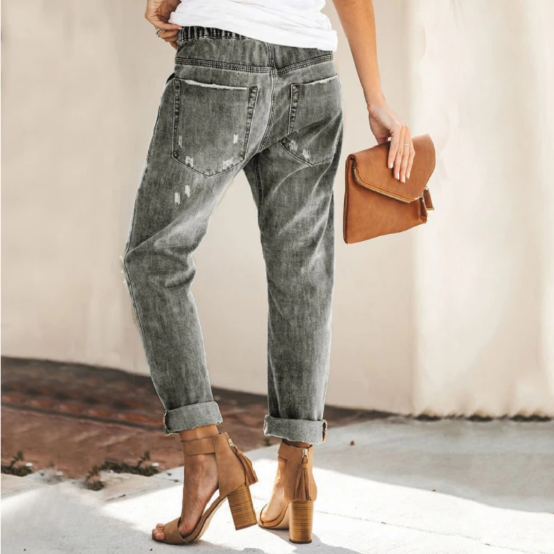 

Hollow Mom Denim Jeans Women High Waist Lace up Ripped Pants 2020 Autumn Korean Vintage Gray Black Blue Hole Straight Trousers