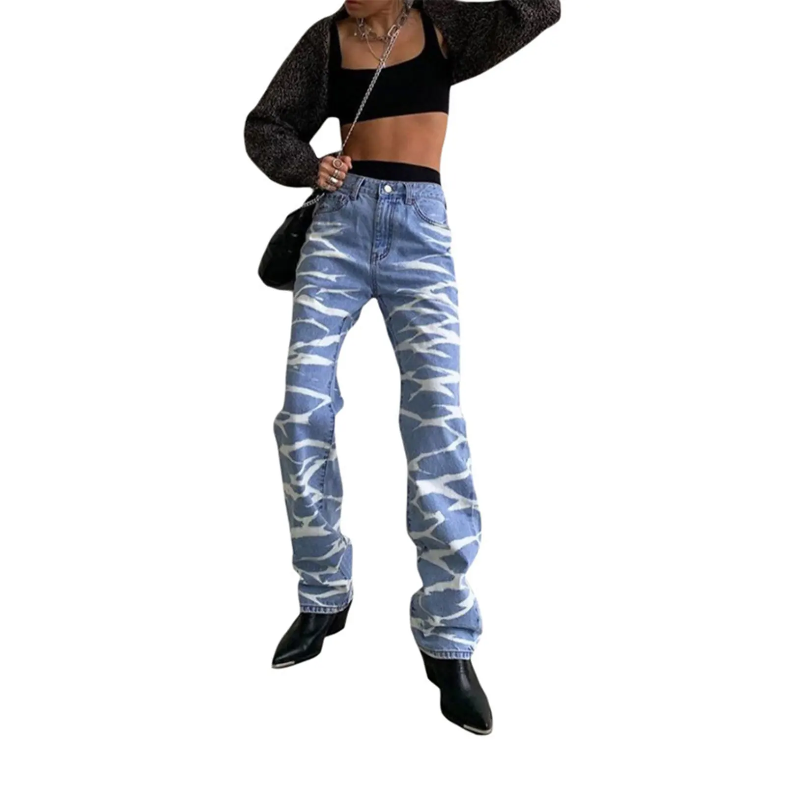 

New Arrival Stylish Women Casual Long Jeans, Blue Stripe Printed Pattern Straight-leg High Waist Pants
