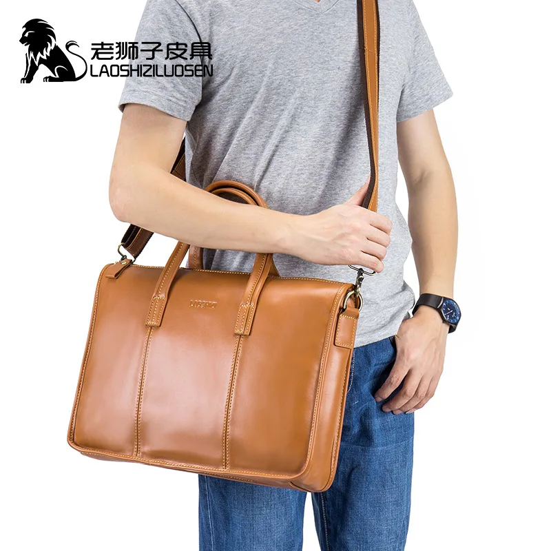 

LAOSHIZI Men Bags Business Leather Man Handbags Case Real Cow Genuine Leather Bag Men Brown Computer Laptop Messenger Briefcase