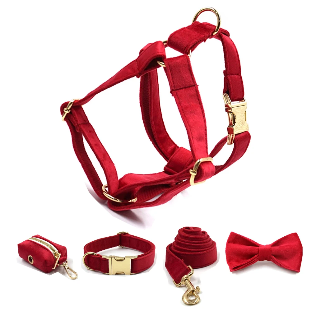 

Luxury Red Velvet 5Pcs Pet Dog Harness Collar Leash Set Thicken Soft Engraving Name ID For Small Medium Dogs