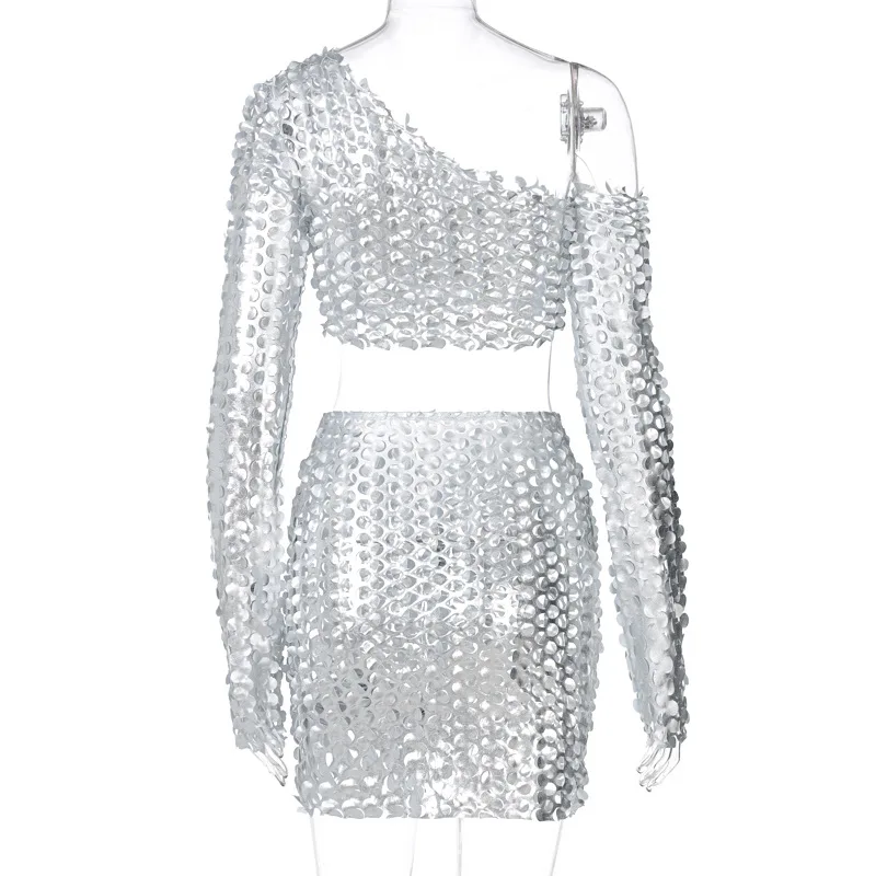 

Night Club 2020 Winter Style Cotton Long Sleeve Slant Shoulder Tops Hollow Out Hole Silver Solid Fashion Designer Women's Set