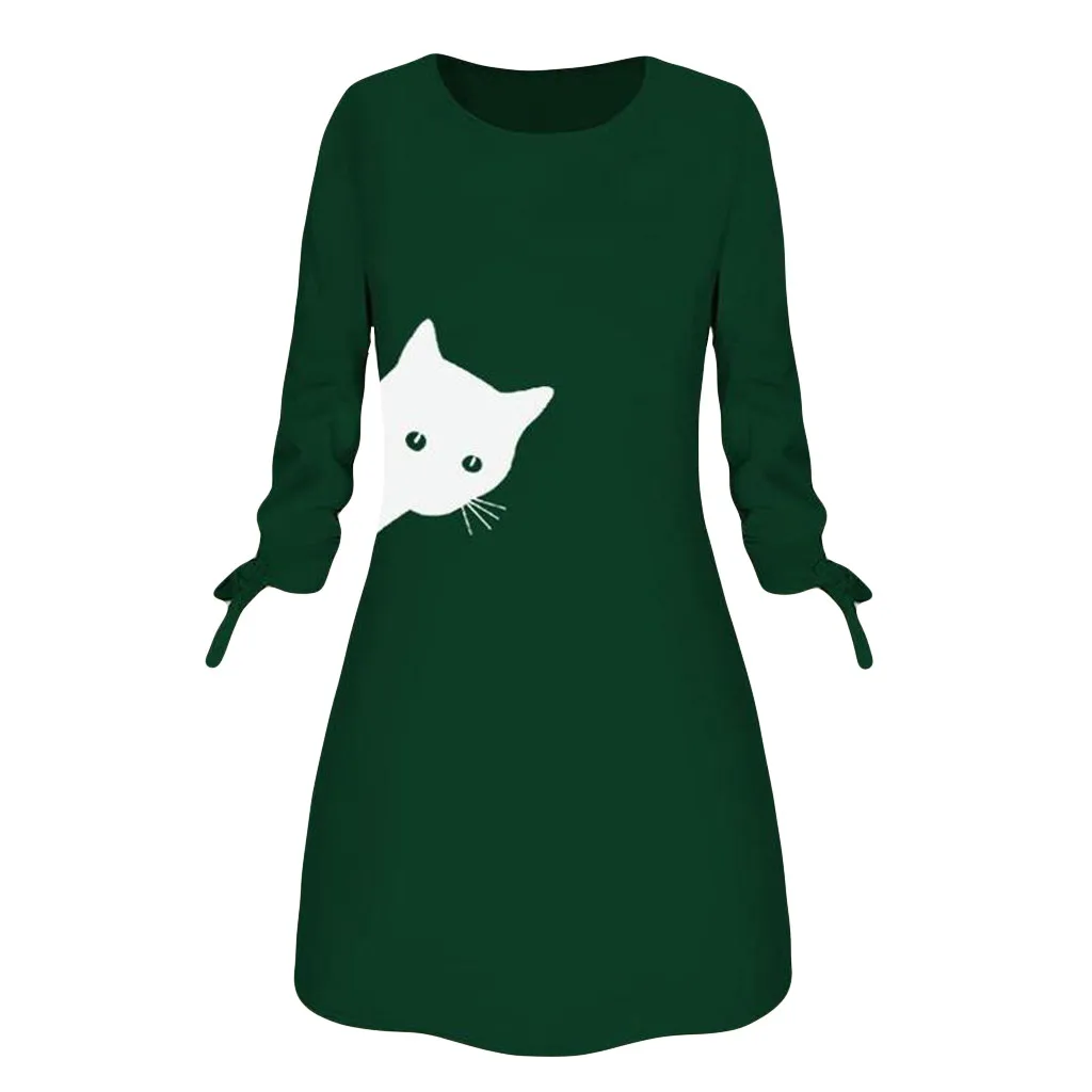 New Spring Dress Female Women Fashion Printed Cat Animal Bow O Neck Long Sleeve Blouse Mini Dresses Robe Pull Femme Hiver TL74 | Женская