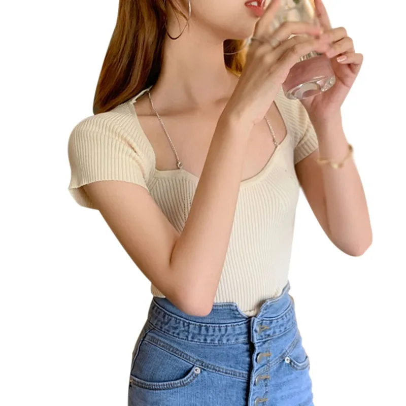 

Summer Design Sexy Girlfriend Honey Tee Shirt Women Ice Silk Knit Shirt Female Crop Top LadieRepairing Meat Short Sleeve T-shirt