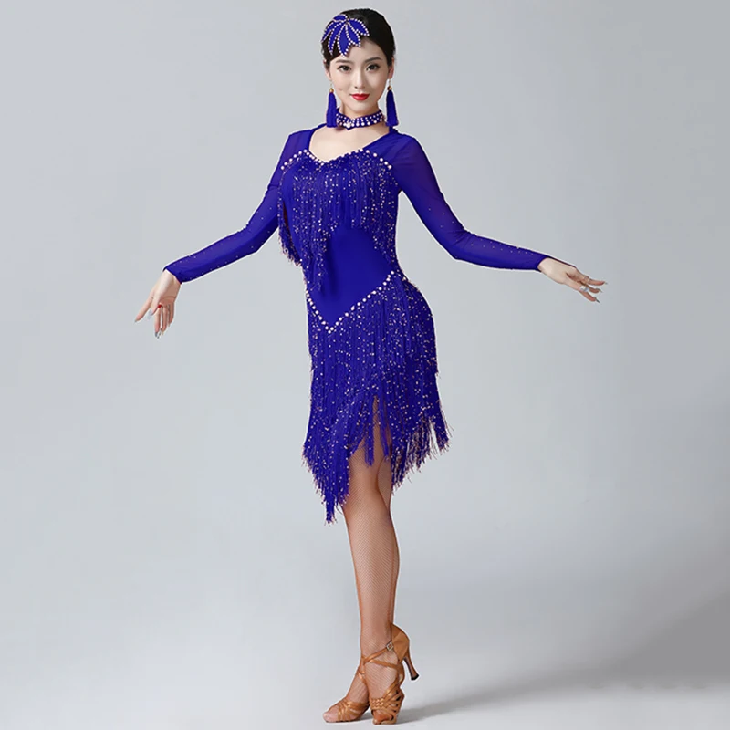 Женское цельнокроеное платье с бахромой для латиноамериканских танцев |
