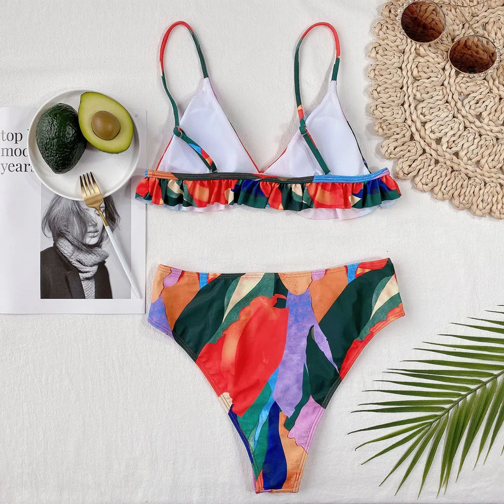 

New 2021 Colorful Female Swimsuit High Waist Bikini Women Swimwear Spring Bikini set Short Sleeve Bather Bathing Suit Swim