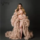 Женский фатиновый халат цвета шампанского, платье для беременных с длинным рукавом, пышное с оборками, для фотосессии