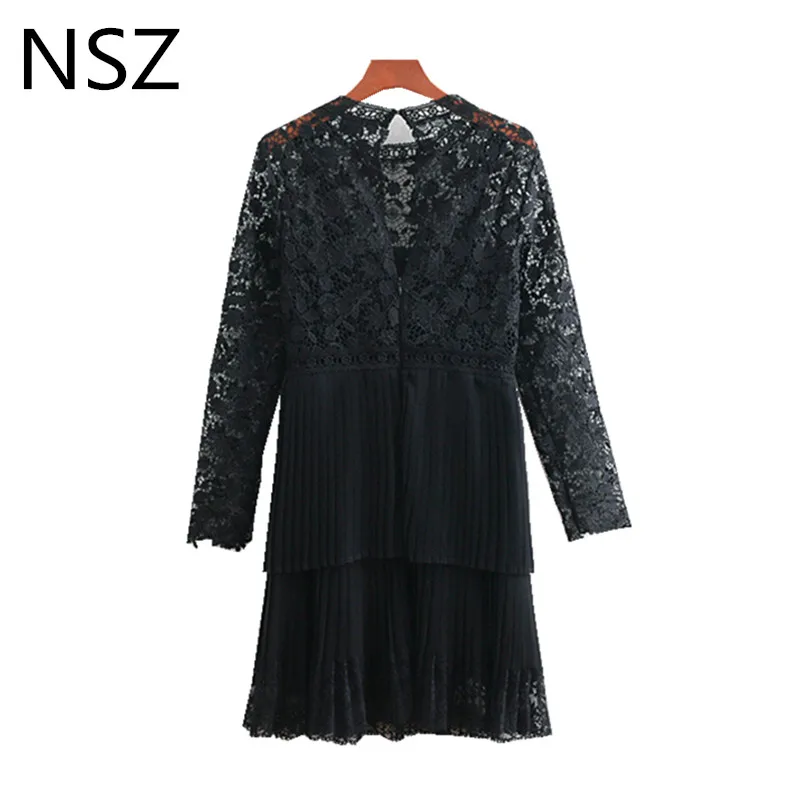 NSZ женский черный кружева лоскутное платье шифон плиссированные мини запястья
