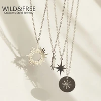 wildfree new fashion sun star pendant necklace for women stainless steel silver plated simple round geometric charm necklaces