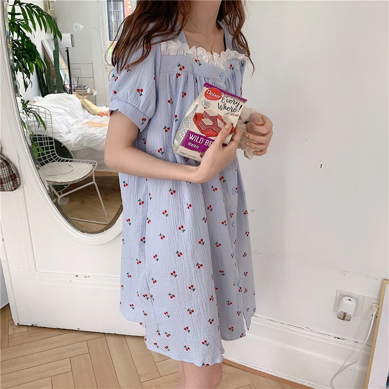 

Cherry Print Summer Nightgown Women Korean Kawaii Mini Sleepwear Cotton Soft Homewear Sleepwearr Lace Patchwork Home Clothes
