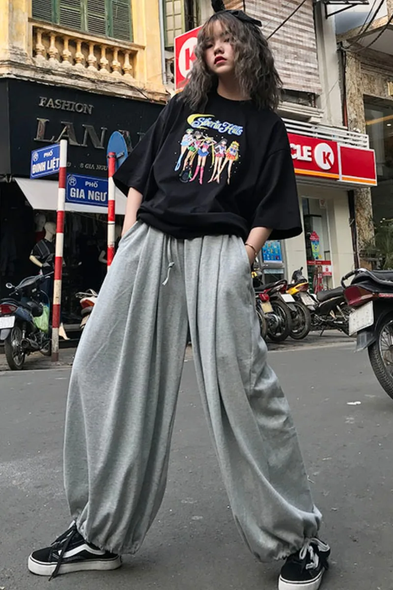 

GOOHOJIO Vintage Solid Pants Drawstring Waist Ankle Banded Pants Women High Waist Loose Wide Leg Pants Casual Female Trousers