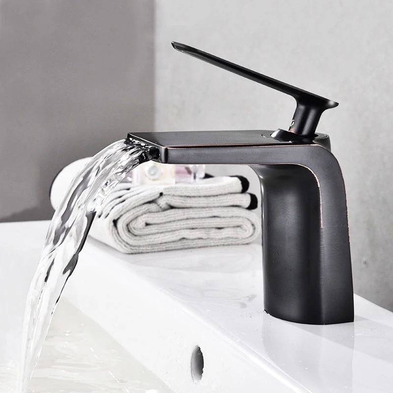 

Washbasin Faucets Black Copper Flat Mouth Waterfall Bathroom Basin Faucet Deck Mounted Hot Cold Water Sink Mixer Taps Torneira