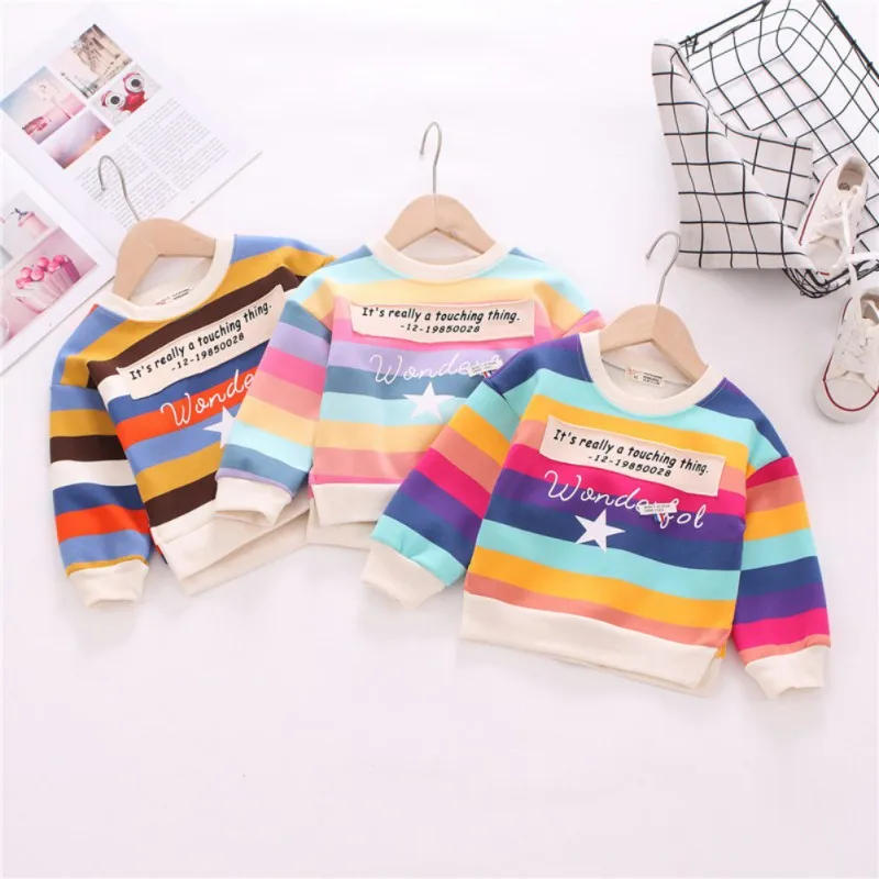 

Свитер для девочек; Детский костюм; Верхняя одежда с принтом; топы для детей; цветная одежда в полоску с буквенным принтом и звездами для мал...