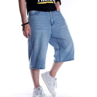 mens loose baggy denim short men jeans fashion streetwear hip hop long 34 capri cargo shorts male blue plus size 44 46