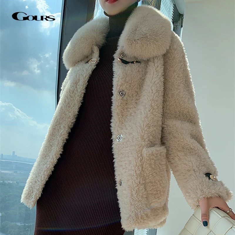 Женская куртка из натуральной овчины GOURS теплая Толстая шерстяная Шуба с