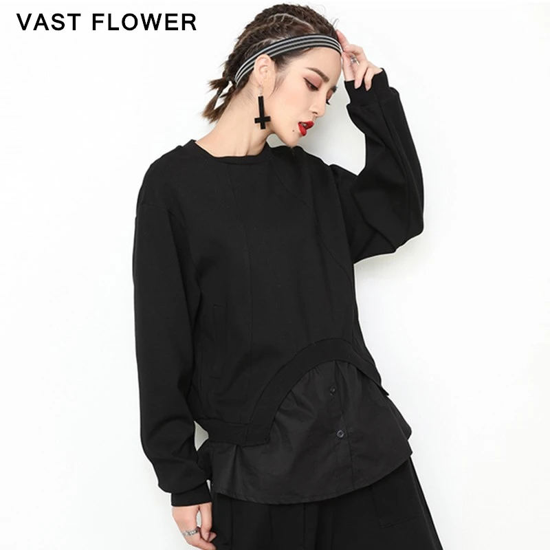 Женская Винтажная Футболка составного кроя черная Свободная Повседневная