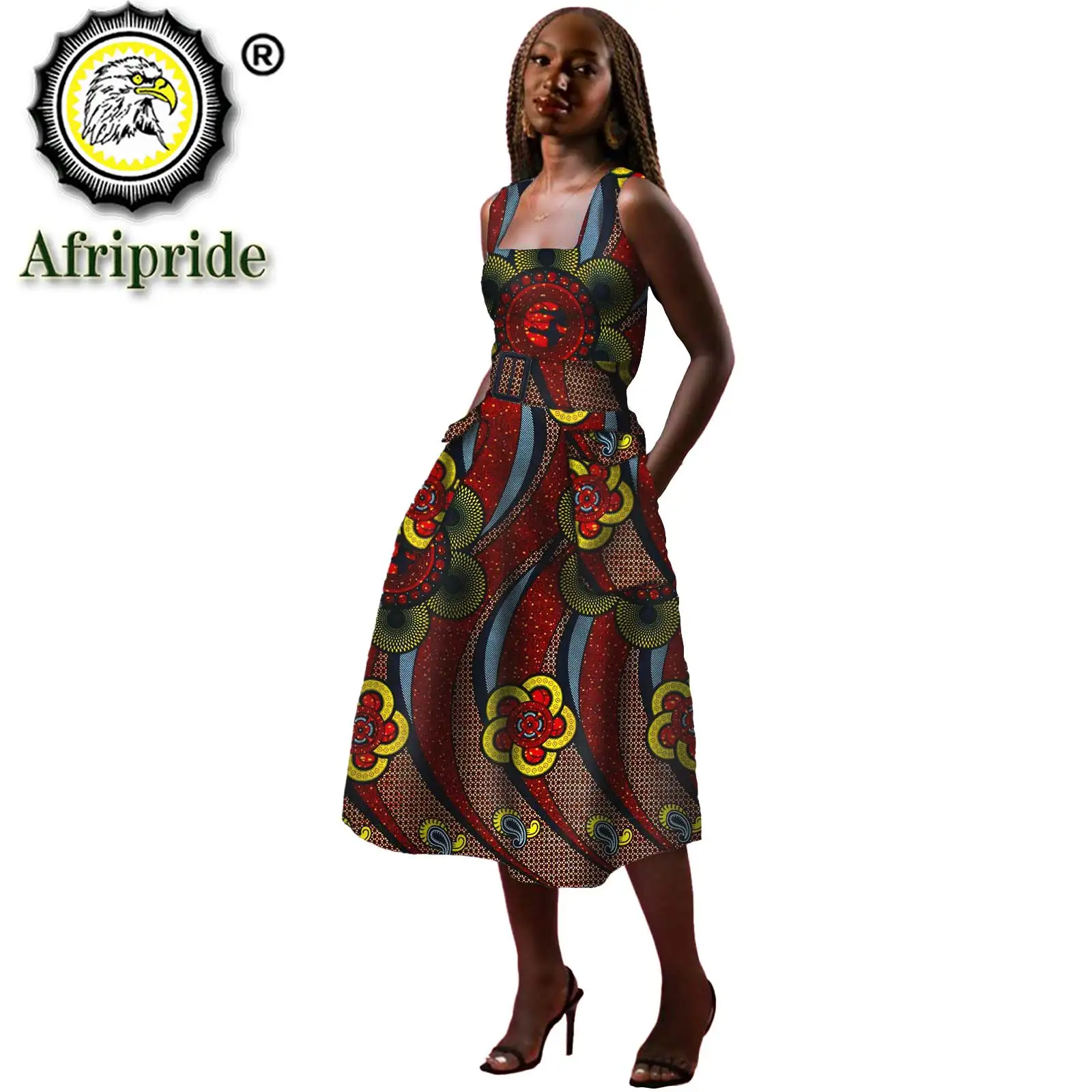 African Print Dresses for Women High Waist Sleeveless A-line Dress with Pockets Belt Casual Ladies Midi Dress S2125008