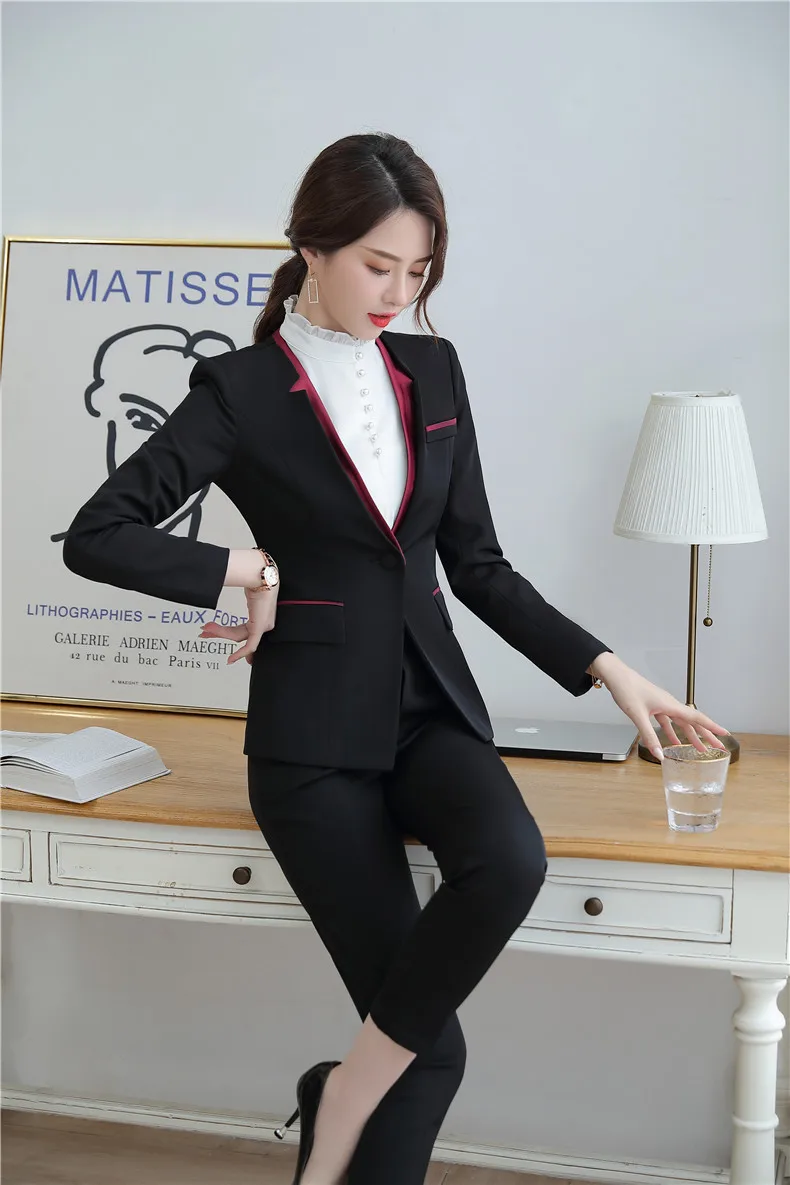 IZICFLY Spring Autumn Slim Ladies Suit with Pant Uniform Designs Two Piece Set Women Elegant Business Blazer and Trouser Black
