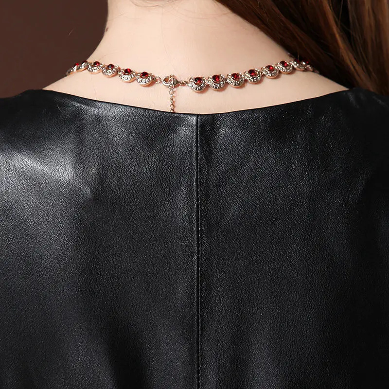 

Women Spring O Neck Sleeveless Tank Dress Slim Fit Elegant Ladies Office Work Sheepskin Real Leather Dress Classic Party Dresses
