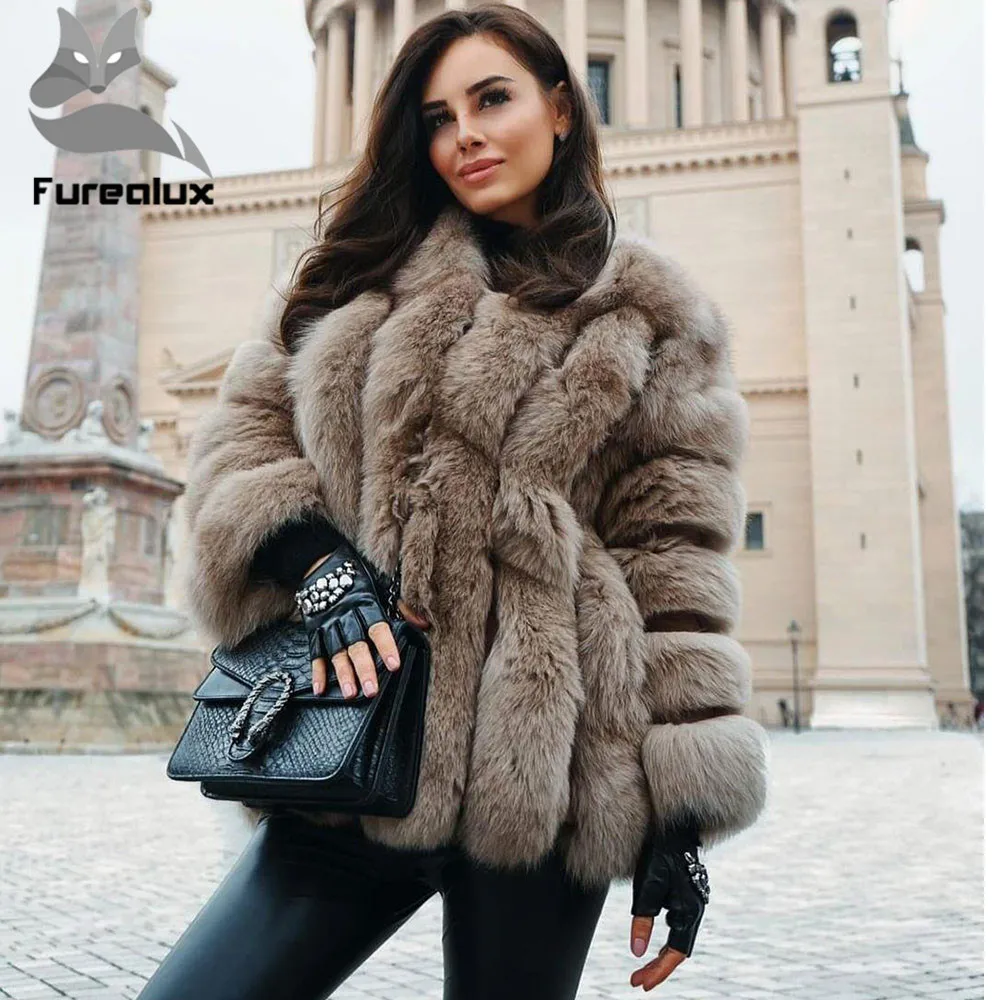 Furealuxnew Новая шуба из лисьего меха вертикальные с длинными рукавами толстый мех зимние теплые модные Женские Настоящий Лисий мех пальто Лидер продаж