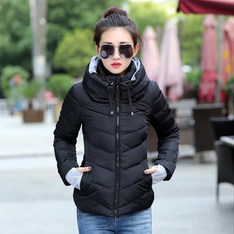 

Autumn Winter Jacket Women Parkas Outerwear Causal Solid Hooded Coats Short Female Slim Cotton Padded Basic Tops