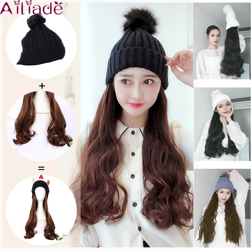 AILIADE длинная шляпа парик натуральный черный прямые или волнистые парики и шапка