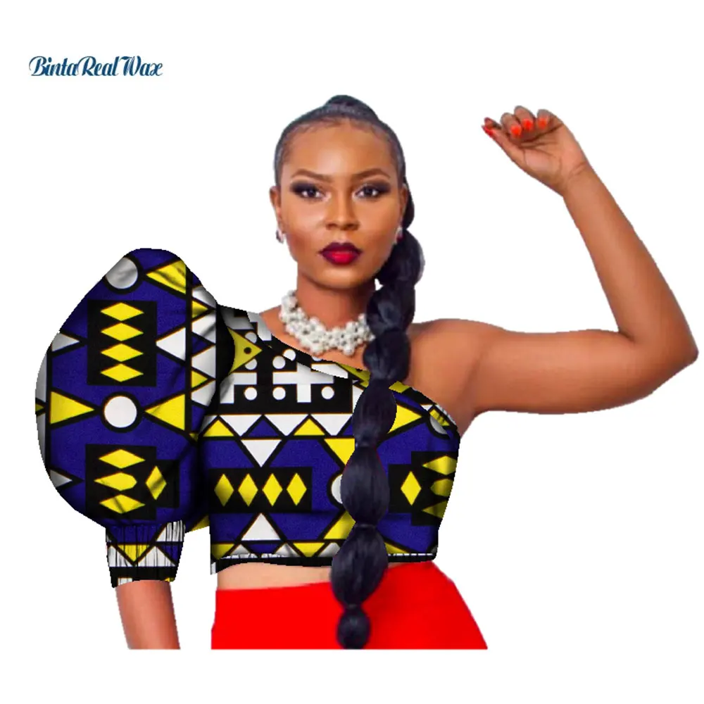 

African Bazin Riche Crop Tops Tees for Women Plus Size Women African Print One-shoulder Puff Sleeve Tops Clothing Dashiki WY2690