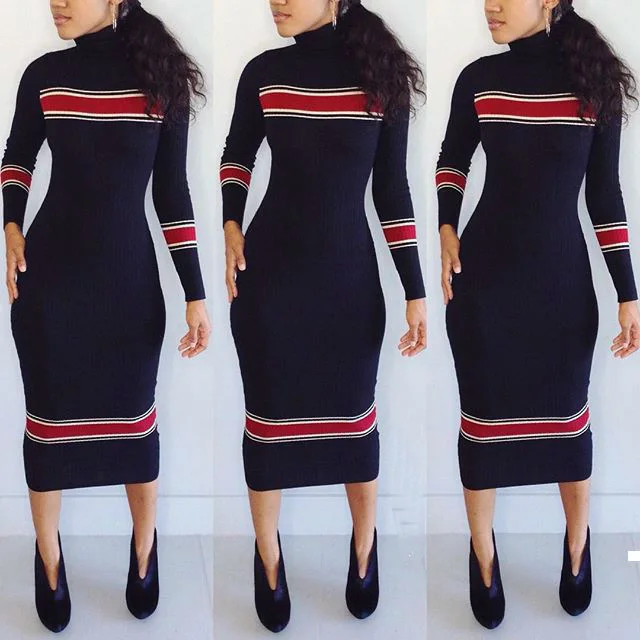 

2019 Winter Women Dresses Cotton Office Lady Sheath Patchwork Dresses Women Mid-Calf Full Empire Turtleneck Party Women Dresses