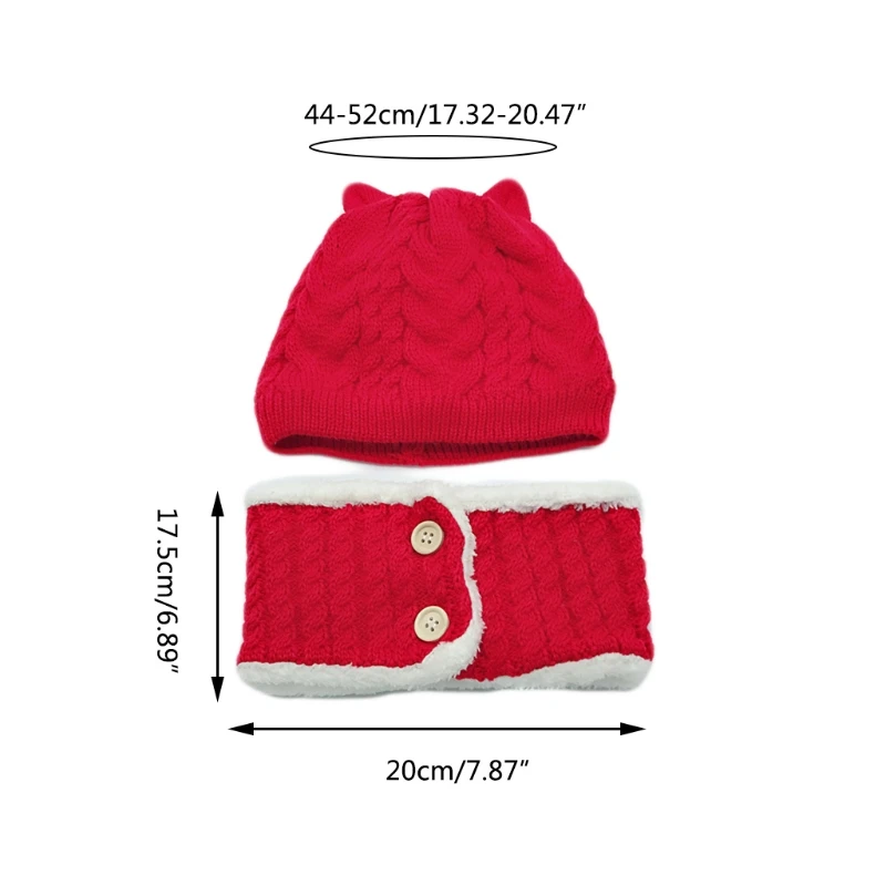 

Infant Baby Winter 2Pcs Beanie Hat with Button Circle Scarf Set Cartoon Cat Ears Knit Skull Cap Plush Lined Neck Warmer