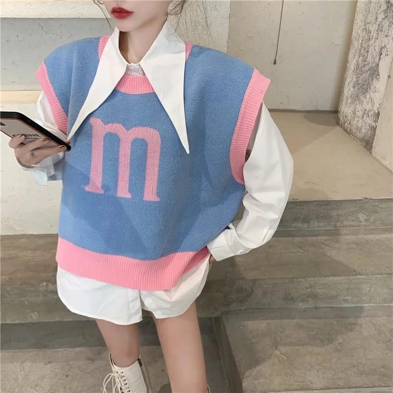 

Korean Chic Letter Knit Sweater Vest Jumper Sleeveless Sweaters 2021 Spring Original Design Streetwear Femme Top