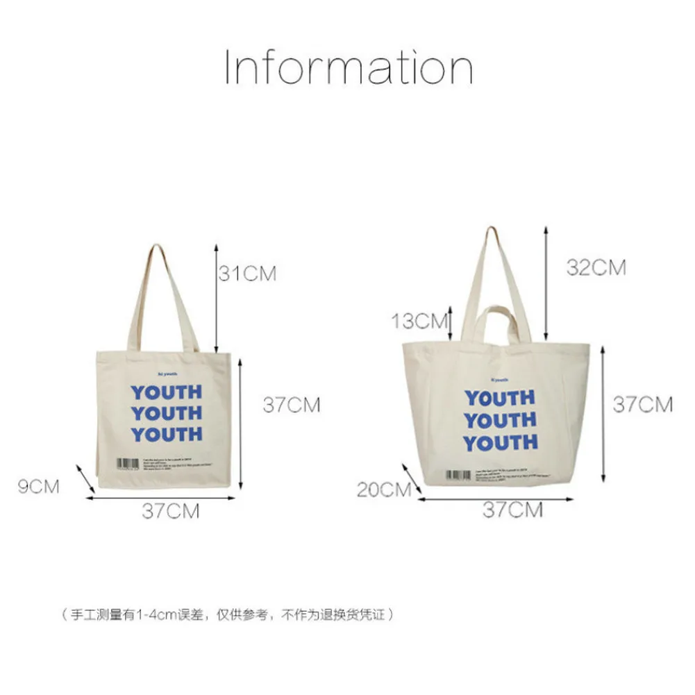 

Women Canvas Shopping Bag YOUTH Letters Print Female Cotton Cloth Shoulder Bag Eco Handbag Tote Reusable Grocery Shopper Bags