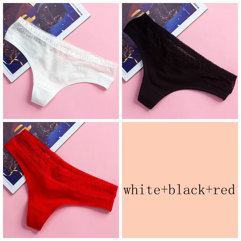 black red white 3 шт./лот, женские хлопковые трусики, с вырезами, с кружевной талией, хлопок, g-стринги, щипцы, сексуальные танга, нижнее белье, дамское нижнее белье, штаны - Цвет: black red white