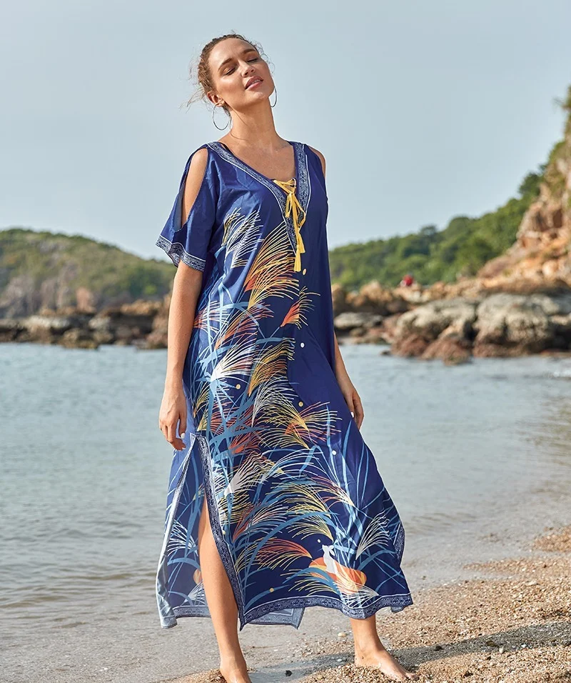 

2021 Summer New Strapless Dress Blouse Printed Robe Flower Loose Holiday Long Skirt Seaside Beach Blouse Swimsuit Outside Female