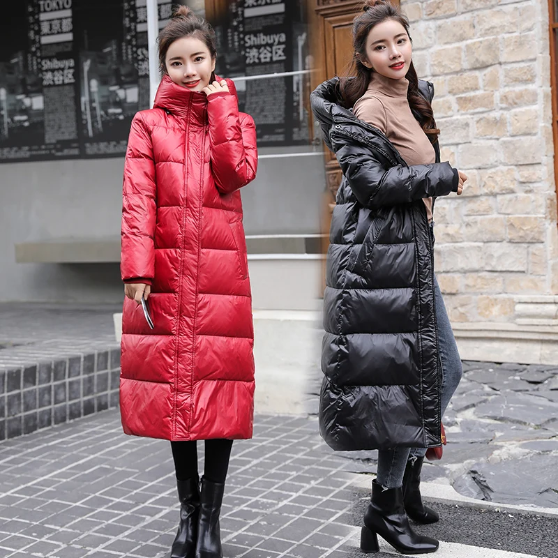 

Ailegogo Winter Women 90% White Duck Down Hooded Loose Fit X-long Bread Parkas Casual Female Bright Thick Warm Snow Coats